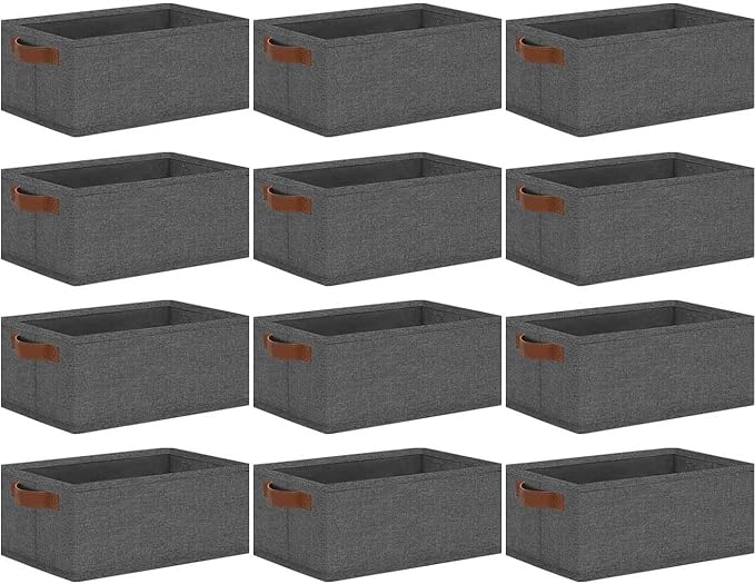 GhvyenntteS Small Fabric Storage Bins 12 Pack, 11.8" x 7.87" x 5.11" Storage Basket with Leather Handles, Closet Storage Bins for Shelves, Storage Baskets for Shelves, DVD Storage (Grey)