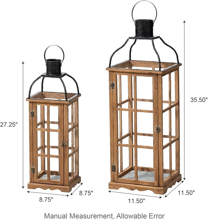 Glitzhome Set of 2 Oversized Farmhouse Wood Lanterns with Metal Top Decorative Hanging Candle Lanterns for Home Décor, Natural (No Glass)