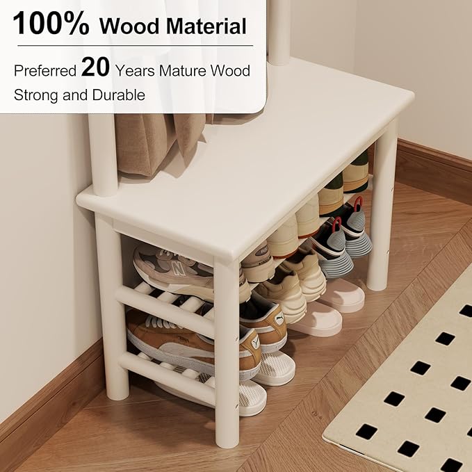 Coat Rack with Shoe Storage, Narrow Wooden Hall Tree with Bench, 11 Hooks and 2-Tier Storage Shelves, 3-in-1, Entryway Bench with Coat Rack (23.6"-Deep White)