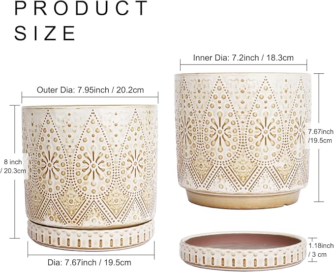 8 Inch Indoor Plant Pot with Drainage Holes and Saucers, Ceramic Planter for Plants, Succulent Orchid Flower Pots