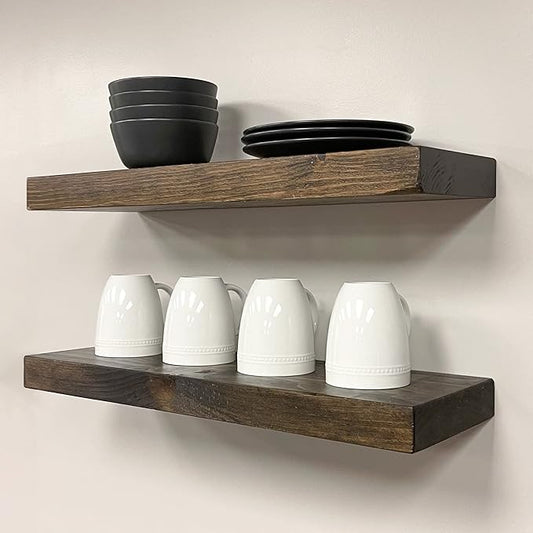 URBANDI, Rustic Floating Shelves, Set of 2, Hidden Bracket, Solid Wood, Heavy Duty, Wall Mounted Shelves, (Dark Brown, 24Wx12D)