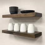 URBANDI, Rustic Floating Shelves, Set of 2, Hidden Bracket, Solid Wood, Heavy Duty, Wall Mounted Shelves, (Dark Brown, 24Wx8D)