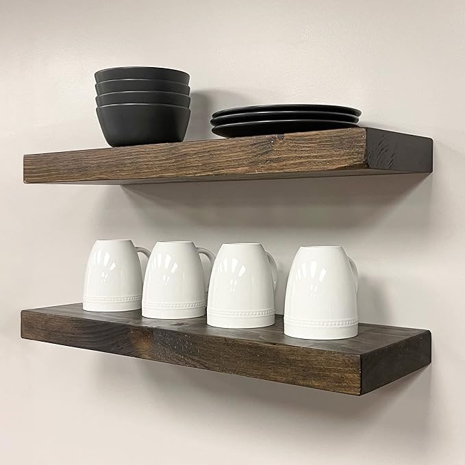 URBANDI, Rustic Floating Shelves, Set of 2, Hidden Bracket, Solid Wood, Heavy Duty, Wall Mounted Shelves, (Dark Brown, 24Wx8D)