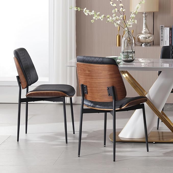 BV Dining Chairs Set of 2, PU Leather Armless Kitchen Chair in Modern Walnut Style, Mid Century Bentwood Side Chair with Metal Legs, Retro Accent Guest Chair for Kitchen Dining Room(Black)