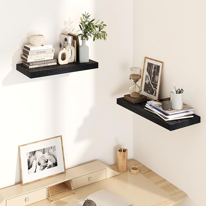 Fun Memories Black Floating Shelves 16 Inch Long, 8 Deep Floating Shelf Wall Mounted, 16 x 8 Inch Wooden Bathroom Shelves, Deep Storage Shelves for Living Room, Kitchen, Set of 2
