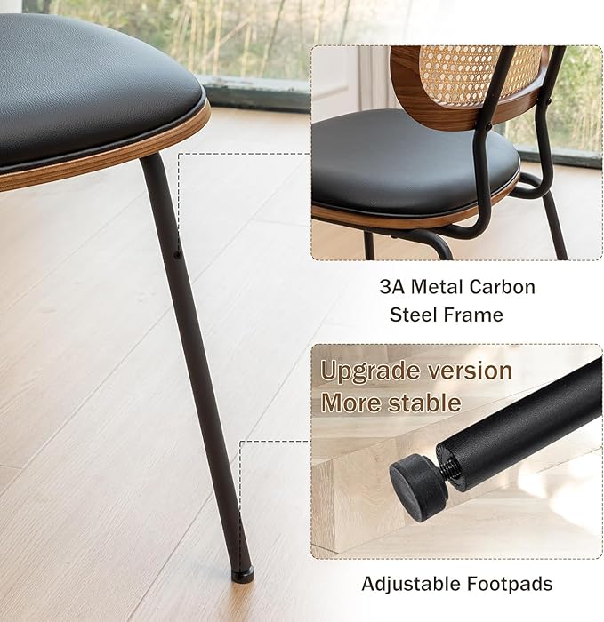 Rattan Dining Chairs Set of 4, Mid Century Modern Dining Chairs with Cane Back for Kitchen Dining Room, 19 Inch Faux Leather Black