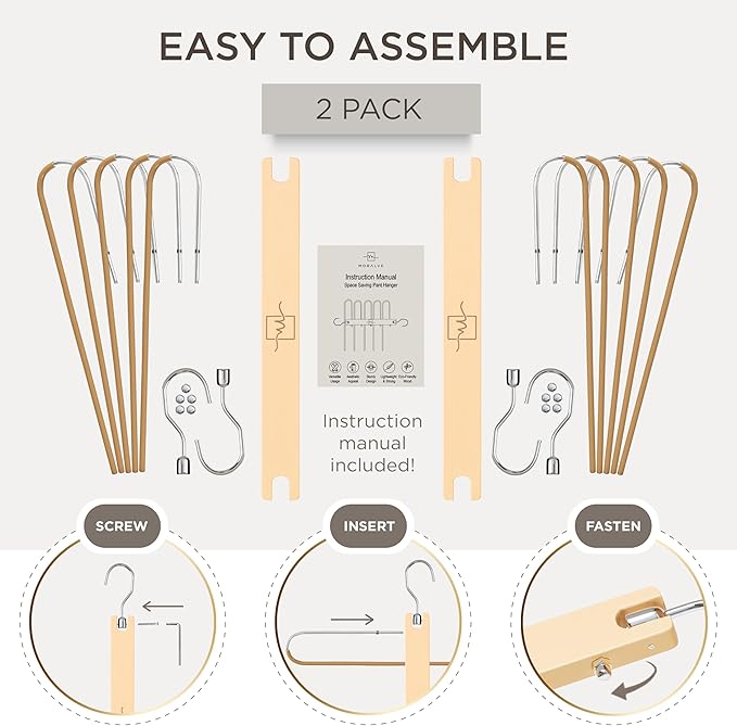 MORALVE Pants Hangers Space Saving - 2 Pack European Beechwood Scarf and Jean Hangers - Closet Organizer and Space Saver Pant Rack, Leggings Hanger, and Scarf Holder with 360° Swivel Hook