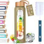 Aqulea Glass Water Bottles with Silicone Sleeve - BPA Free Reusable Wide Mouth Glass Motivational Water Bottles with Fruit Infuser – Leak Proof Borosilicate Water Bottle with Time Marker