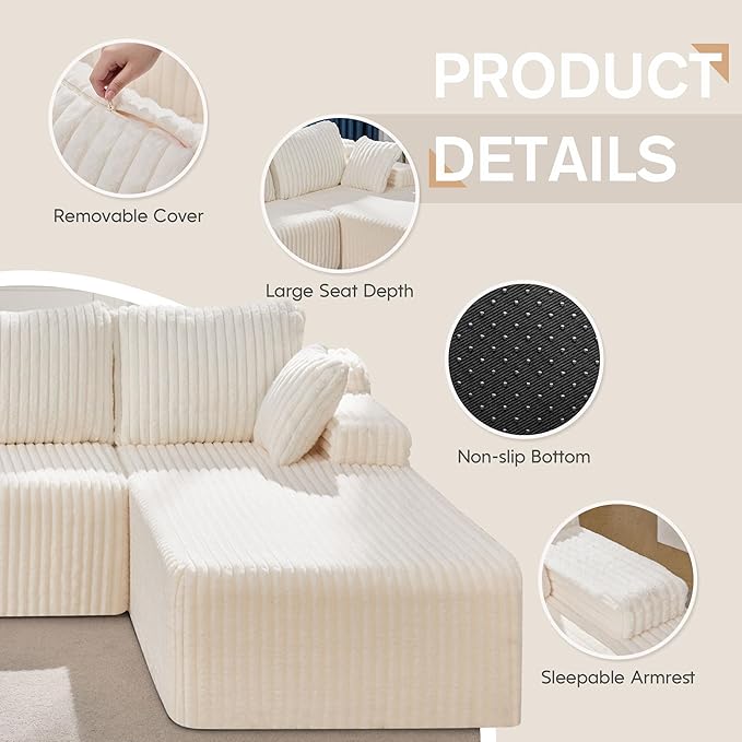 Hobestluk Modular Sectional Sofa Couches 108" L-Shape Couch 3 Seat Modular Sofa Memory Foam Sectional Couches for Living Room, Boneless Couch with Oversized Chaise (White, Right Facing)