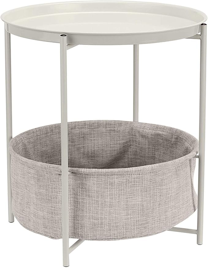 Amazon Basics Round Storage End Table, Side Table with Cloth Basket, White/Heather Gray, 17.7"L x 17.7"W x 18.9"H