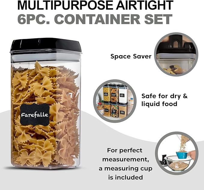 Shazo Airtight Food Storage Containers with Lids - 6 PC BPA Free Clear Plastic Cereal Containers with Easy Lock Lids for Kitchen and Pantry Organization for Snacks and Pasta - 1.2 L