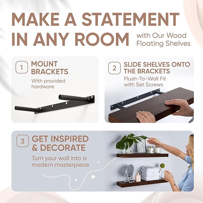 Homeforia 24inch Walnut Floating Shelves for Wall, High End Solid Real Wood 24in Floating Shelf for Bathroom, Dark Brown 24 inch Long Floating Shelves, Heavy Duty Bracket, 24 X 6.5 X 1.75 in, Set of 3