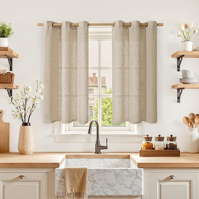 LAMIT Kitchen Linen Curtains 40 Inch Length, Soft Thick Light Filtering Bronze Grommet Window Textured Neutral Sheer Drapes for Cafe/Window/Loft Room, 2 Panels, 34 x 40 Inch, Brown