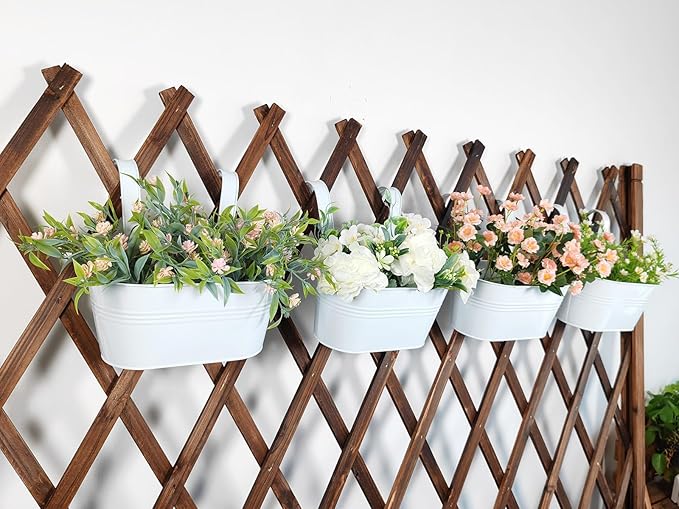 10" Hanging Flower Pots, Pack of 2 White Metal Outdoor Patio Balcony Planter, Railing Planters Fence Pot with Detachable Hook & Drainage Hole for Small Plants (White, 2Pcs)