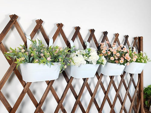 10" Hanging Flower Pots, Pack of 8 White Metal Outdoor Patio Balcony Planter, Railing Planters Fence Pot with Detachable Hook & Drainage Hole for Small Plants (White, 8Pcs)