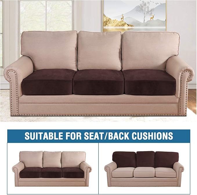 H.VERSAILTEX Velvet Stretch Couch Cushion Cover Plush Cushion Slipcover for Chair Loveseat Sofa Cushion Furniture Protector Seat Cushion Sofa Cover (3 Piece Sofa Cushion Covers, Brown)