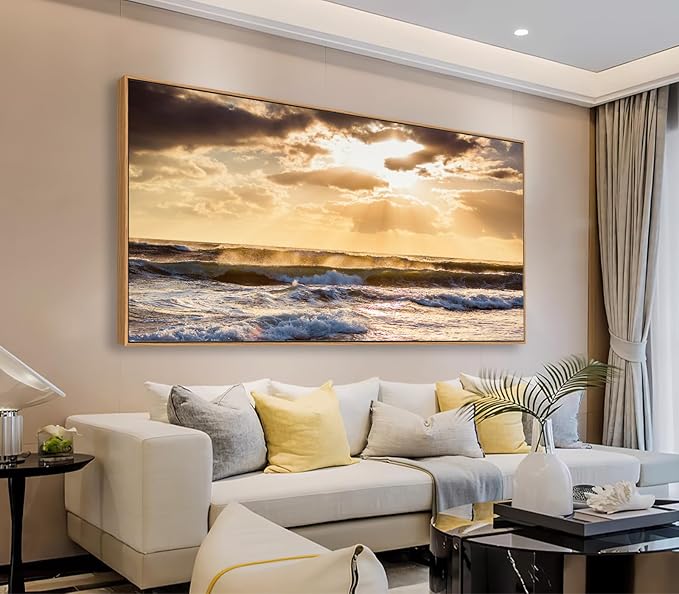 Framed Sunset Ocean Wall Art - Canvas Wall Decor Glow Sea Scene Nature Landscape Prints Sunset Over the Ocean Painting Artwork Living Room Bedroom Office Home 24" x 48"
