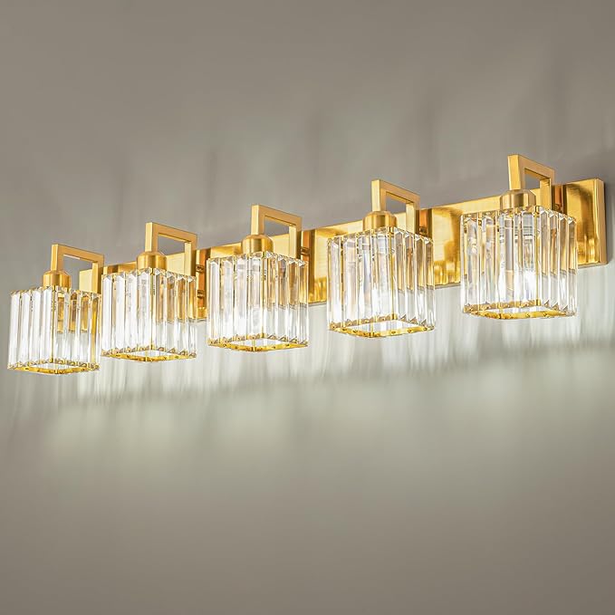 Modern Bathroom Vanity Light 5-Lights Chrome Crystal Wall Lamp Bathroom Modern Crystal Vanity Lighting