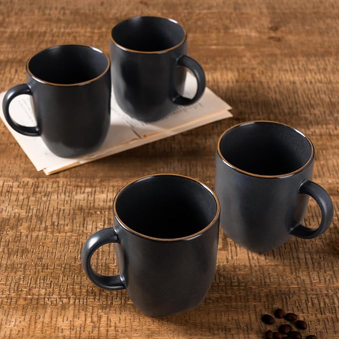famiware Coffee Mugs Set of 4, Ocean Square 13oz Coffee Cup Set with Handle for Cocoa, Milk, Hot Chocolate, Tea, Water, Stoneware Cups for Kitchen, Microwave and Dishwasher Safe, Matte Black