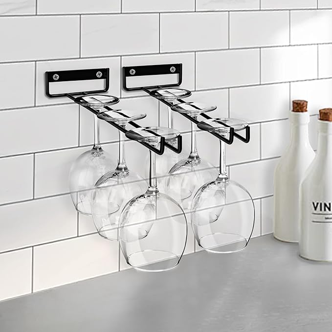Sorbus Wine Glass Holder - 12 Inch Wall Mounted Wine Glass Rack for Under Cabinet Organization and Storage - Kitchen Shelves for Home Bar Holds Up to 4 Stemware Wine Glasses Each, 8 Total (2 Pack)