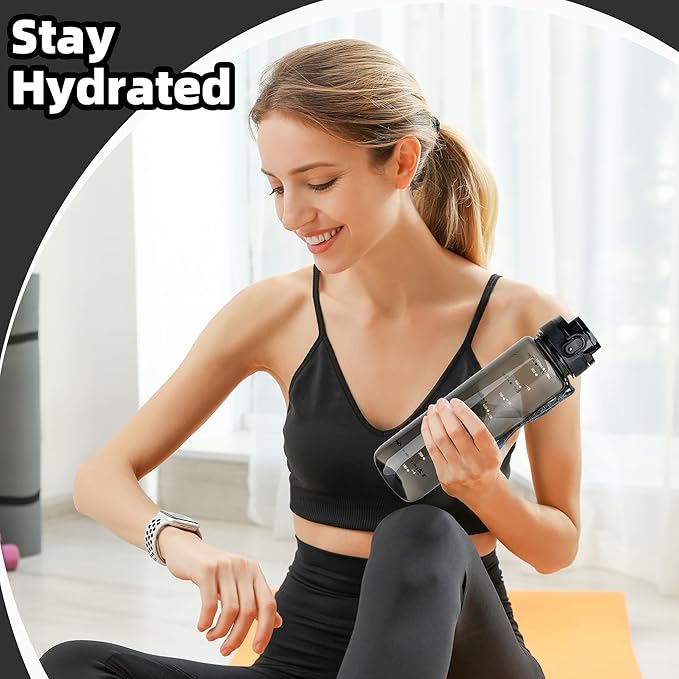 OLDLEY 32 oz Water Bottle, Motivational Water Bottle with Time Marker, Sports Water Bottle With Strap, Leakproof & BPA Free Large Water Bottles for School, Gym, Travel,Tritan, Transparent Black