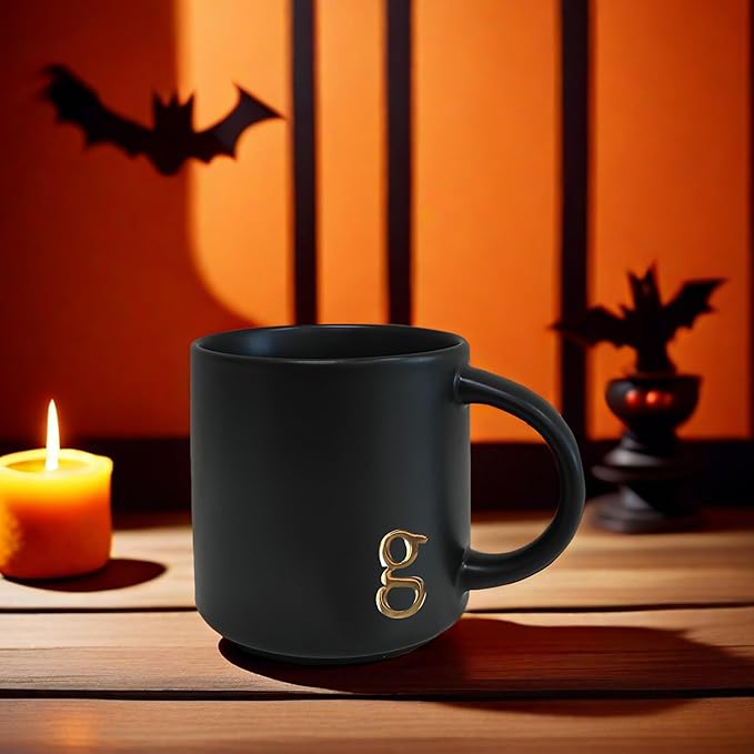 COLLECTIVE HOME - Black Monogram Ceramic Mugs, 15 oz Golden Initial Coffee Cups, Elegant Alphabet Tea Mugs, Personalized Halloween Mug with Gift Box, Perfect for Office and Home Décor (g)