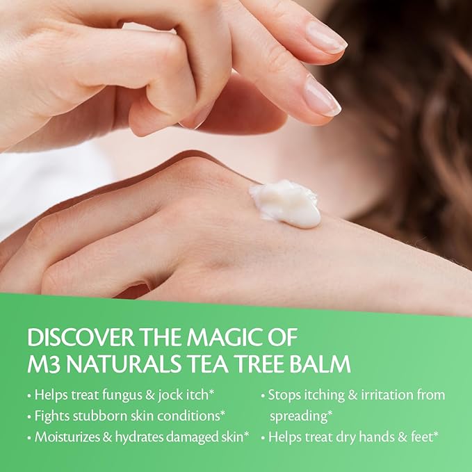 M3 Naturals Tea Tree Oil Foot Balm – Soothing Moisturizer for Dry, Cracked Feet & Nails | Hydrating & Nourishing Skin Care for Tired, Rough, and Calloused Feet | Refreshing 2 oz Balm