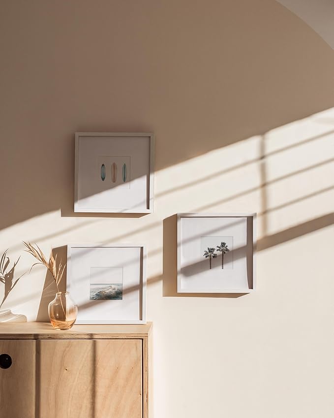 HAUS AND HUES 10x10 White Metal Picture Frames Matted to 5x5 - Features Premium Aluminum & Hanging Hardware, Shatterproof Plexiglass - Ideal for Home, Room, Office (10x10 in, White, Set of 3)