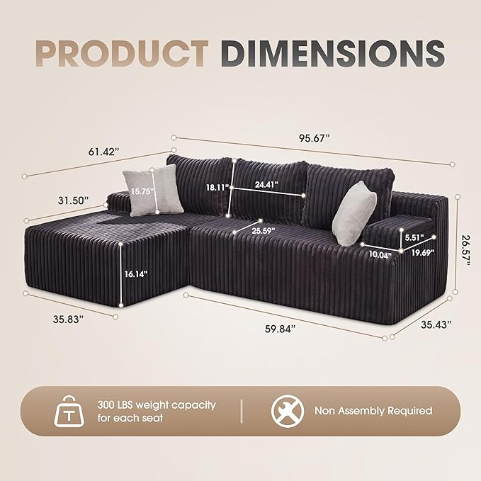 Hobestluk 96“ Modular Sectional Sofa Couches L-Shape Couch 3 Seat Modular Sofa Memory Foam Sectional Couches for Living Room, Cloud Couch with Oversized Chaise (Grey, Stripe (Left Facing Chaise))