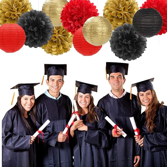 Red-Black Gold Party-Decorations Paper Flowers Lanterns - 15PCS Casino Theme Halloween Tissue Pom Poms Streamers,Game Night Women Men Birthday Wedding Bachelorette Hanging Supplies Decor Hugfond