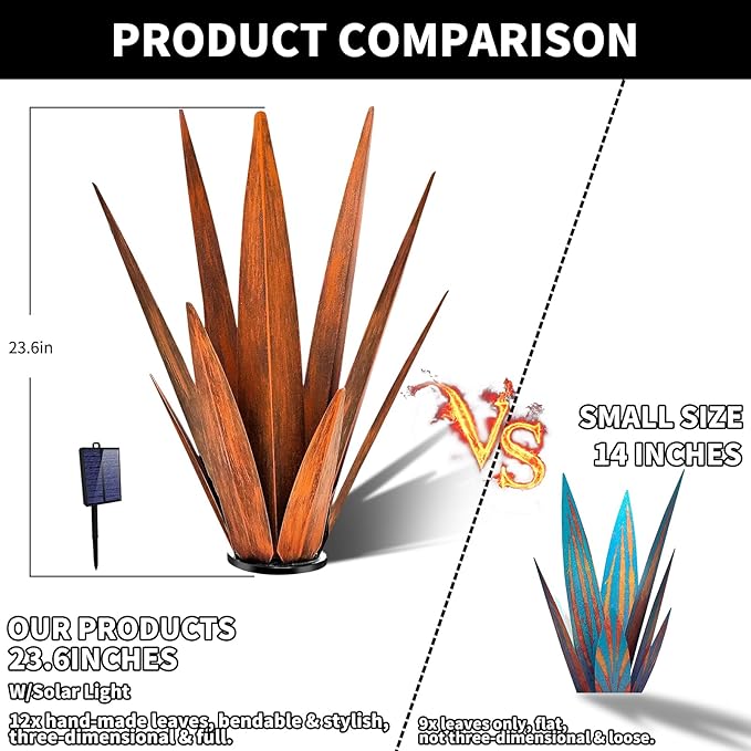 Large Tequila Rustic Sculpture, Rustic Metal Agave Plants for Outdoor, Metal Agave Garden Yard Statue, Outdoor Lawn Ornaments Yard Stakes (Rusty - L (W/Solar Light))