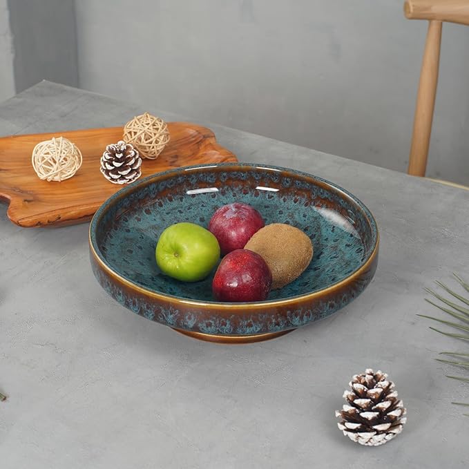 Ceramic Fruit Bowl for Kitchen Counter,Decorative Pedestal Bowl for Table Countertop,Large Footed Serving Bowl,10.2 Inch (peacock Green)