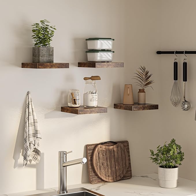 Square Floating Shelves for Wall, 10"W x 10"D x 1.2"H, Small Wooden Wall Mounted Display Shelf with Invisible Brackets for Living Room, Bedroom, Bathroom, Kitchen Decor, Set of 4, Rustic Brown