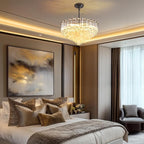 Modern Clear Glass Chandelier, 14" Round Crystal Dining Room Chandelier, Small Black Pendant Light Hanging Fixture for Bedroom, Kitchen Island Light Dimmable Ceiling Lighting Chandeliers for Bathroom