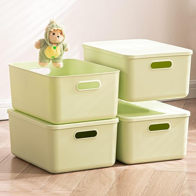 4 pack large plastic White storage bins Baskets, Toy Box Chest with Lids and Handle，Organizer Containers for Baby，Kids,snacks,Nursery，Shelves，Playroom, Bedroom，Office,Closet，home