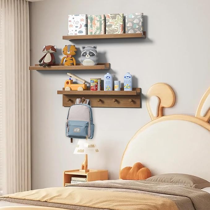 MBYD 24 Inch Floating Shelves, Picture Ledge Shelf, Natural Wood Wall Shelf, Nursery Book Shelves for Kids Room Decor with Hooks, Kitchen Bathroom Storage, Living Room Walnut