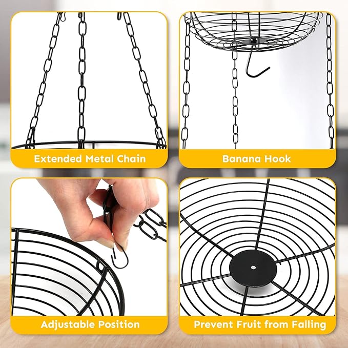 HULISEN 3 Tier Hanging Fruit Basket with Banana Hook, Heavy Duty Wire Hanging Baskets for Kitchen Storage, 36 Inch Hanging Vegetable Produce Basket Organizer (Including Installation Bracket)
