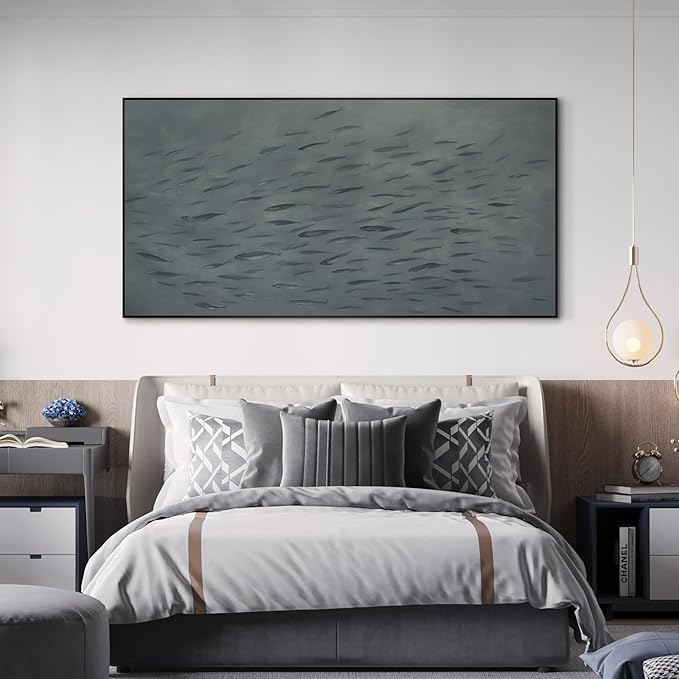 SIGNWIN 24"x46" Extra Large Framed Wall Art Gray School of Fish Minimalist Ocean-Inspired Marine Life Illustration for Home Living Room Bedroom Decor (Frame Assembly Required)
