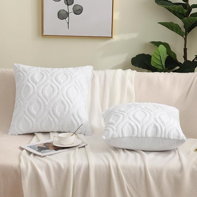 decorUhome Fall Throw Pillow Covers 16x16 Inch Set of 2, Soft Plush Decorative Faux Fur White Solid Couch Pillow Covers, Accent Farmhouse Neutral Square Euro Pillow Cases for Sofa Bed Living Room