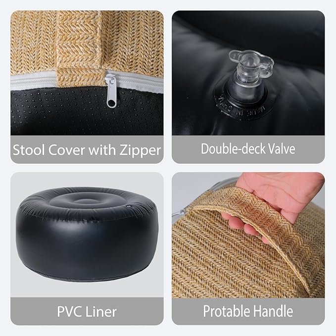 Outdoor Inflatable Ottoman with Air Pump, Fade-Resistant Patio Footrest Stool D21”x H9”, Round Pouf Ottoman with Portable Handle Suitable for Garden, Camping, Bedroom, Living Room