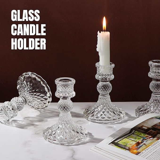 Candlestick Holders Set,12Pcs 4" H Taper Candle Holders Bulk, Clear Glass Candle Holders for Wedding, Spring Party, Romantic Dinner, Festival & Windowsill Decor