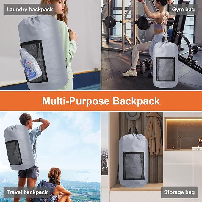 Laundry Bag Backpack Durable Laundry Bag with Shoulder Straps and Mesh Pockets Portable Laundry Dirty Clothes Hamper Bag for College Dorm (Gray)