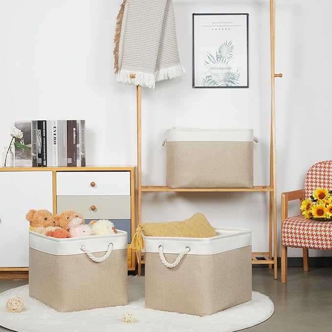 Bidtakay Large Storage Baskets for Organizing Fabric Closet Organizers Storage Bins with Handles 3-Pack 16x11.8x11.8 Inch Collapsible Baskets for Shelves Clothes Home Organization L-White&Beige
