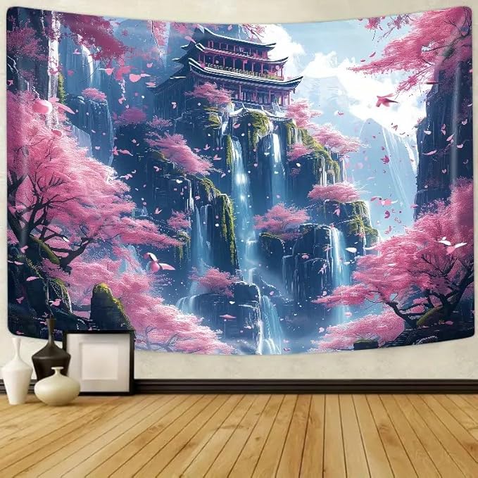 FENDROM Japanese Aesthetic Pink Cherry Blossom Tree Tapestry Building On Mountains Waterfall River Fairytale World Asian Art Tapestry for Bedroom Living Room