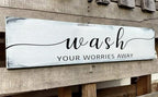 Farmhouse Bathroom Sign, Wash Your Worries Away, Rustic Wooden Bathroom Wall Art Decor, Inspirational Signs Bath Wall Hanging Art Home Decor (Wash) 6x18 Inch