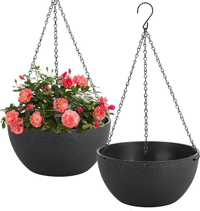 12 inch Hanging Planters for Indoor Plants, 2 Pack Planters for Outdoor Plants with Drainage Holes and Chain, Round Plastic Hanging Baskets, Hanging Flower Pots for Balcony Garden Decor-Black