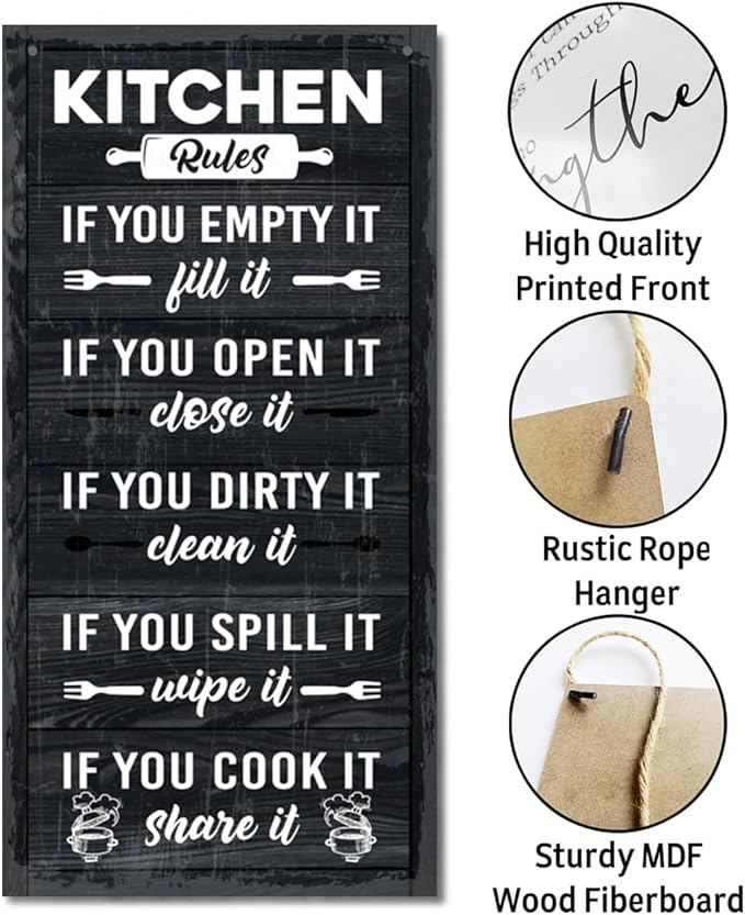 Hanging Kitchen Rules Wood Decor Sign, Rustic Kitchen Wooden Signs, Printed Wood Wall Art Sign, Kitchen Door Rules Rustic Sign, Hanging Wood Sign Kitchen Decor, Funny Farmhouse Kitchen Wall Décor A1