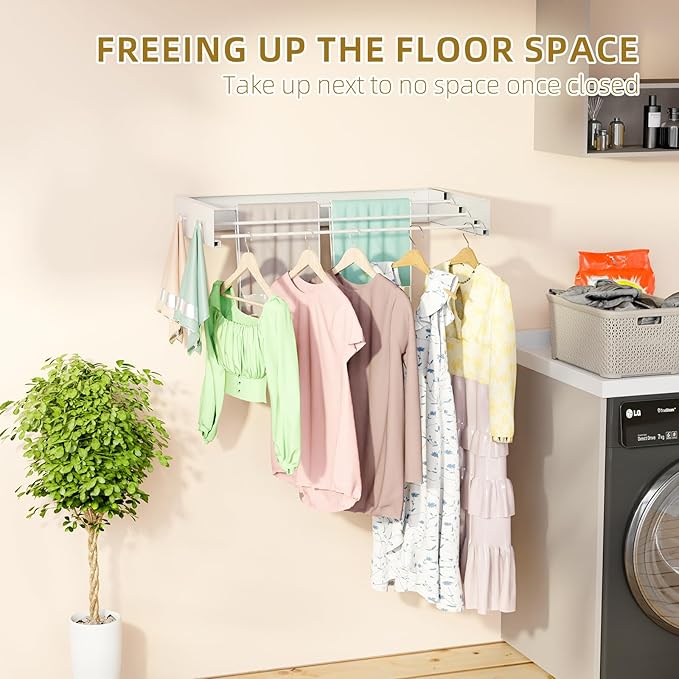 Wall Mounted Drying Rack for Laundry 19.8'', Folding Drying Rack Clothing Wall Mount with 3 Rods and 4 Hooks, Space Saving for Indoor Outdoor Bathroom Balcony (White, 19.8'')