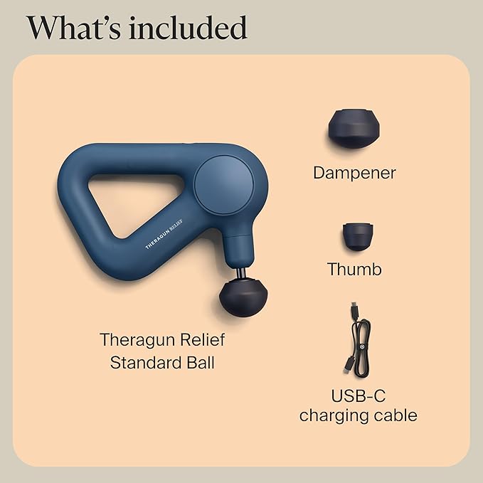 TheraGun Therabody Relief Handheld Percussion Massage Gun - Easy-to-Use, Comfortable & Light Personal Massager for Every Day Pain Relief Massage Therapy in Neck, Back, Leg, Shoulder and Body (Navy)