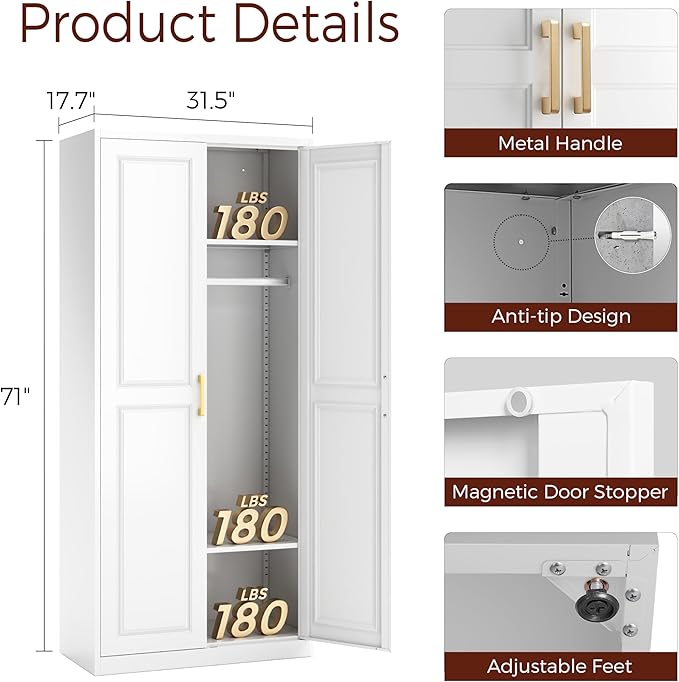 71" Metal Armoire Wardrobe Closet with 2 Doors, Tall Wardrobe Cabinet with Hanging Rod and Adjustable Shelves, White Clothing Storage Cabinets for Bedroom, Laundry Room, Home Office